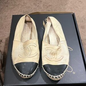 Beige Leather Espadrille Flats with Black Toe Cap